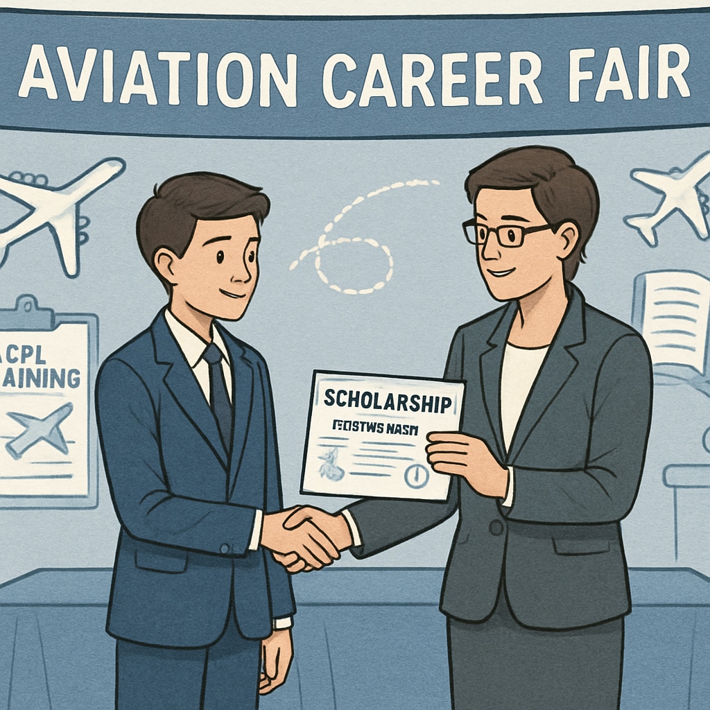 A student receiving a scholarship for CPL training at an aviation fair.