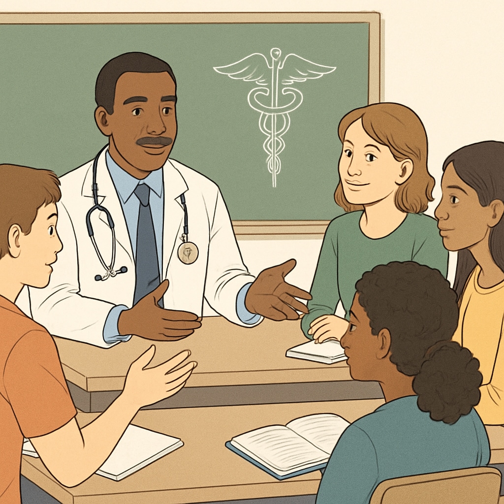 Students interviewing a doctor about medical careers in a school project setting.
