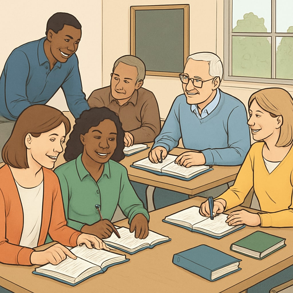 Adults engaging in collaborative learning in a community classroom setting, emphasizing adult education and lifelong learning.