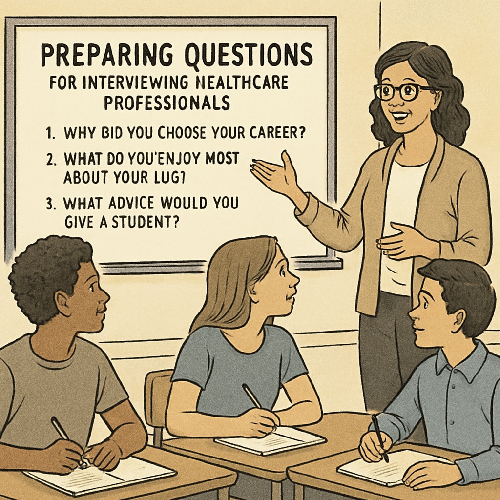 Teacher preparing students for a medical career interview project in a classroom.