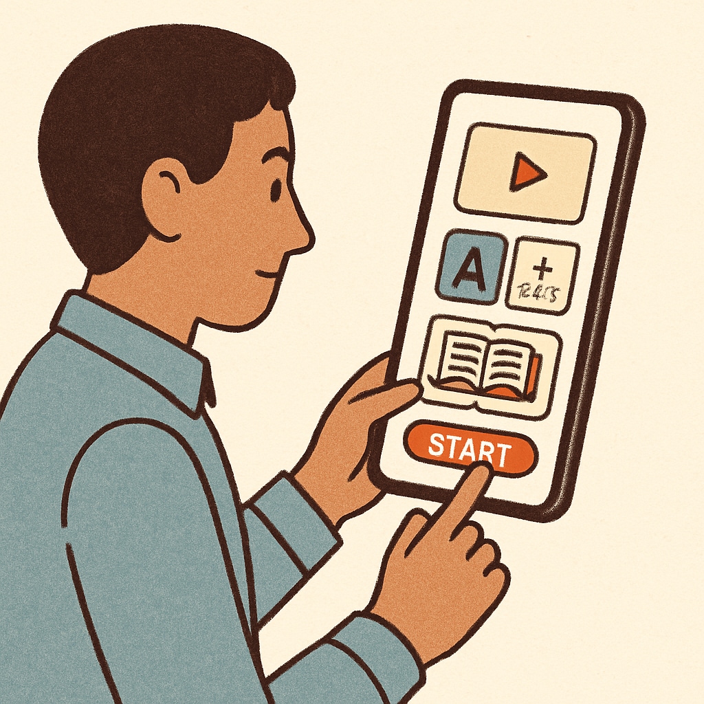 An adult learner using a smartphone-based education app, highlighting modern tools for lifelong learning.