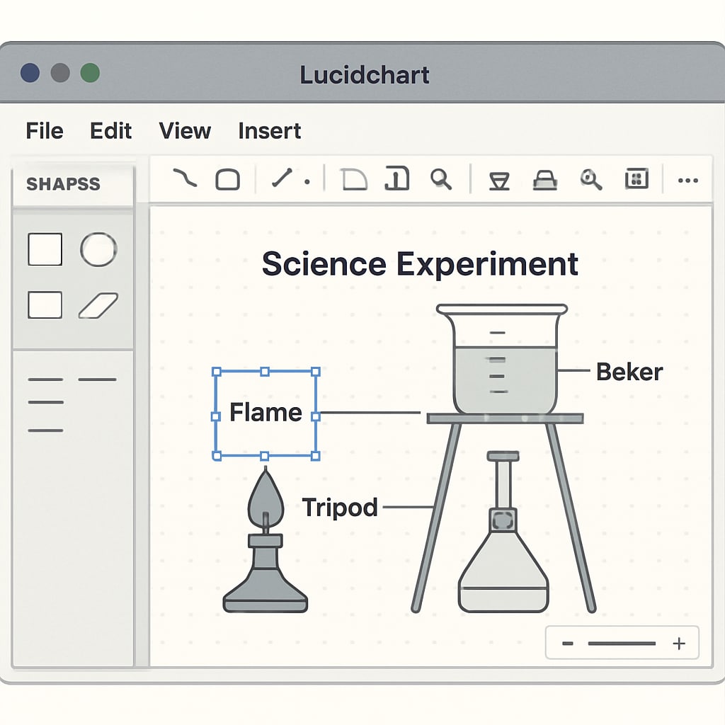A screenshot of the Lucidchart interface featuring a science experiment diagram being edited. Lucidchart tool for creating experiment diagrams in science education.