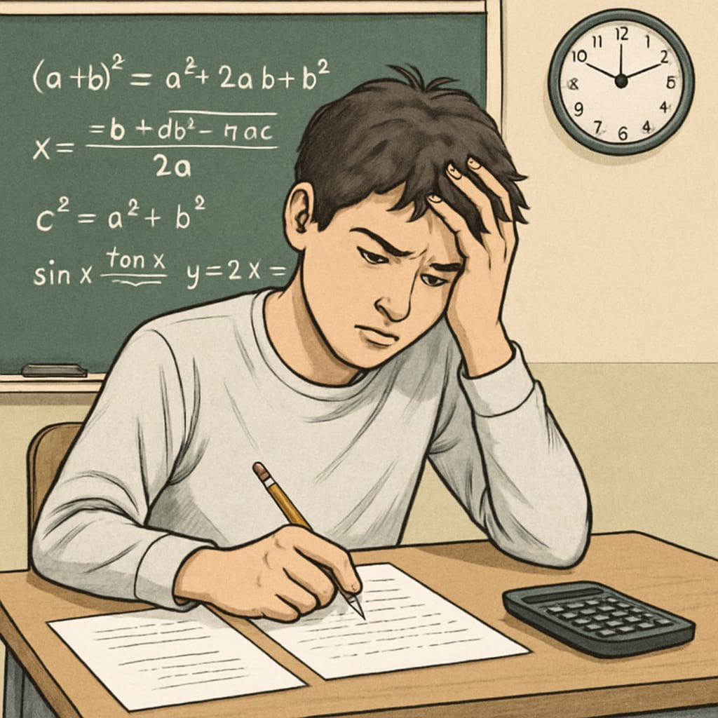 A student experiencing math anxiety and exam pressure during a test.