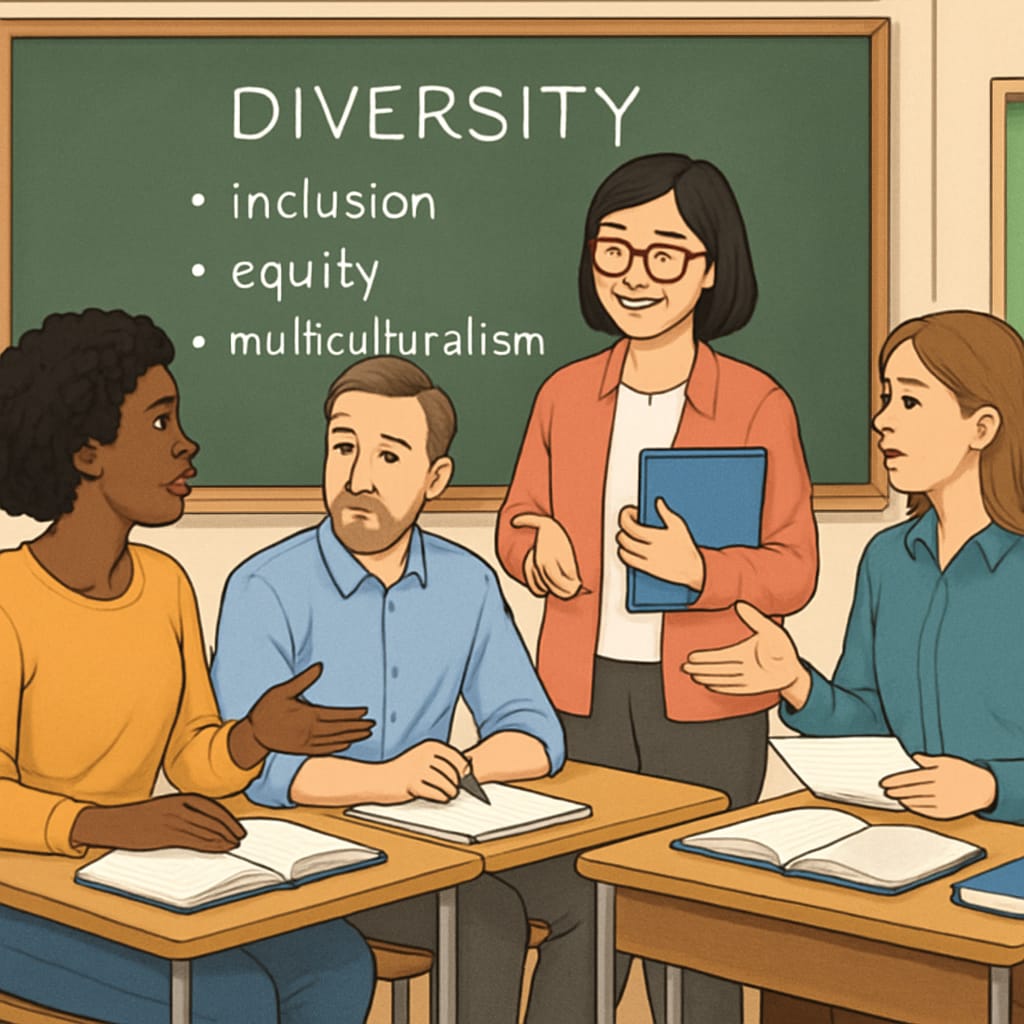 Teachers and students discussing diversity education in a classroom.