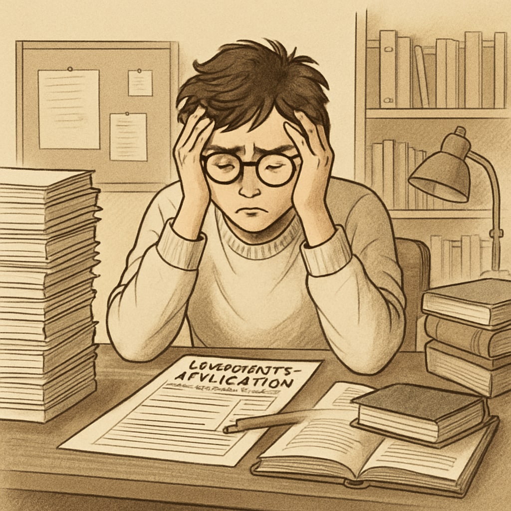 Overwhelmed student with university application forms, symbolizing complexity
