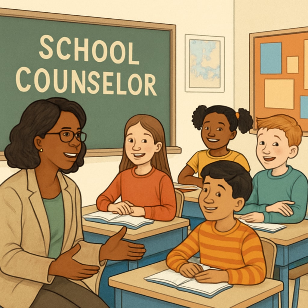 A school counselor interacting with high school students in a classroom.