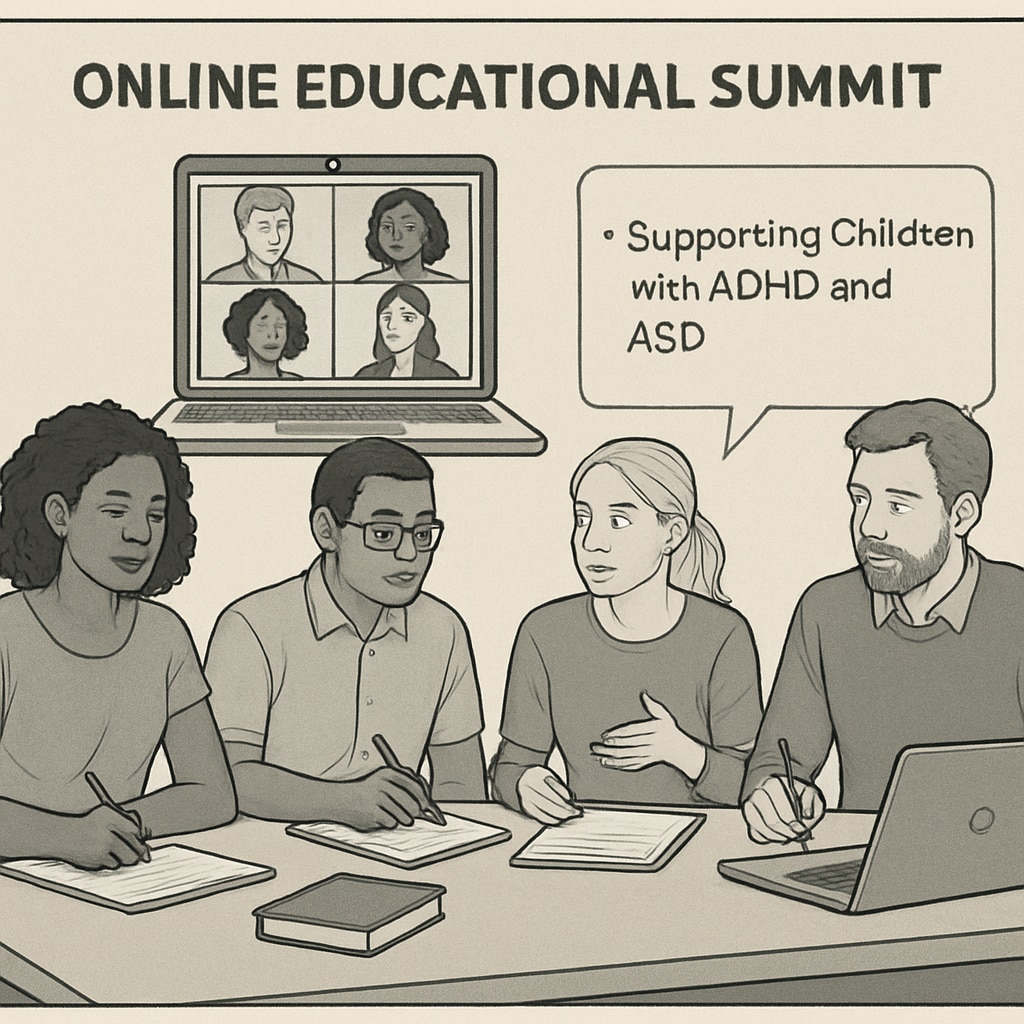 Parents learning about executive function strategies for ADHD and ASD children during an online summit.