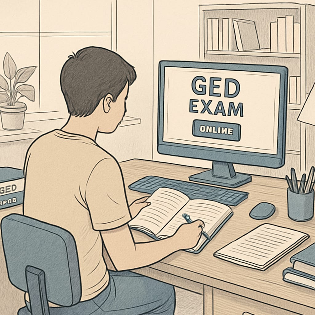 A home office setup for studying GED, with a student and laptop.
