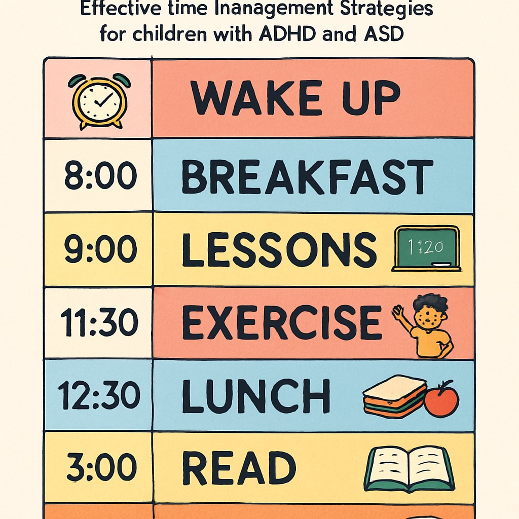Time management tools for ADHD and ASD children as illustrated by a daily schedule.