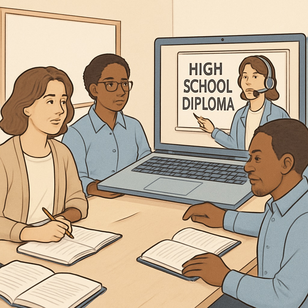 Adult learners in an online high school diploma class engaging on a virtual platform.