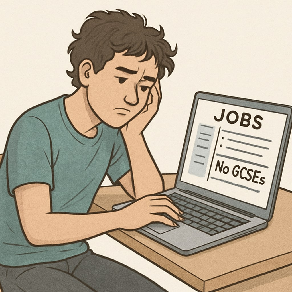 A young adult searching for jobs online, highlighting the challenges of missing GCSE qualifications.