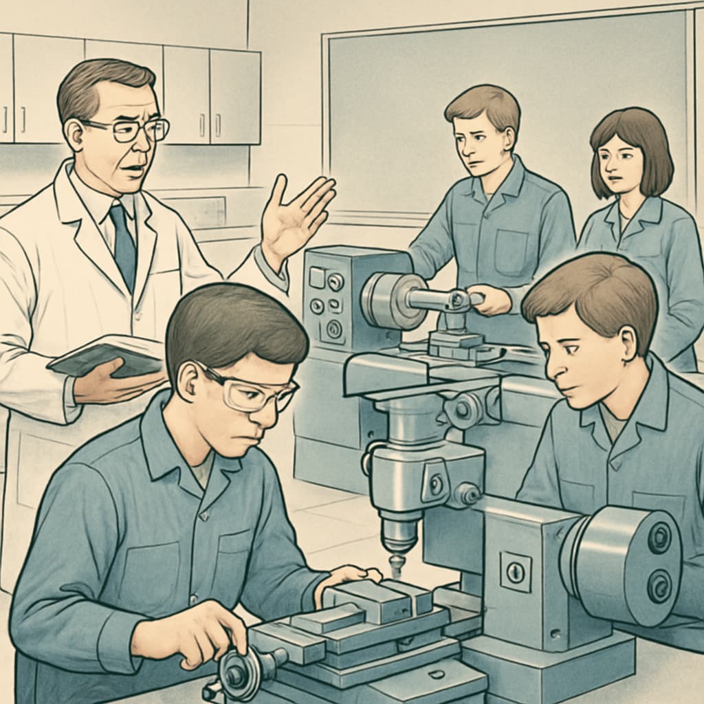 Students learning vocational skills combined with scientific concepts in a workshop.