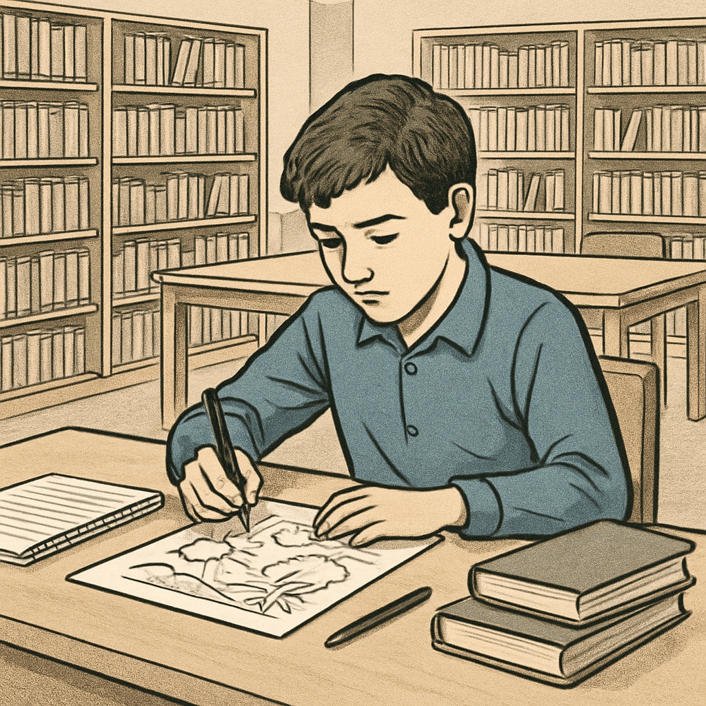 A student engaged in self-directed learning in a library.