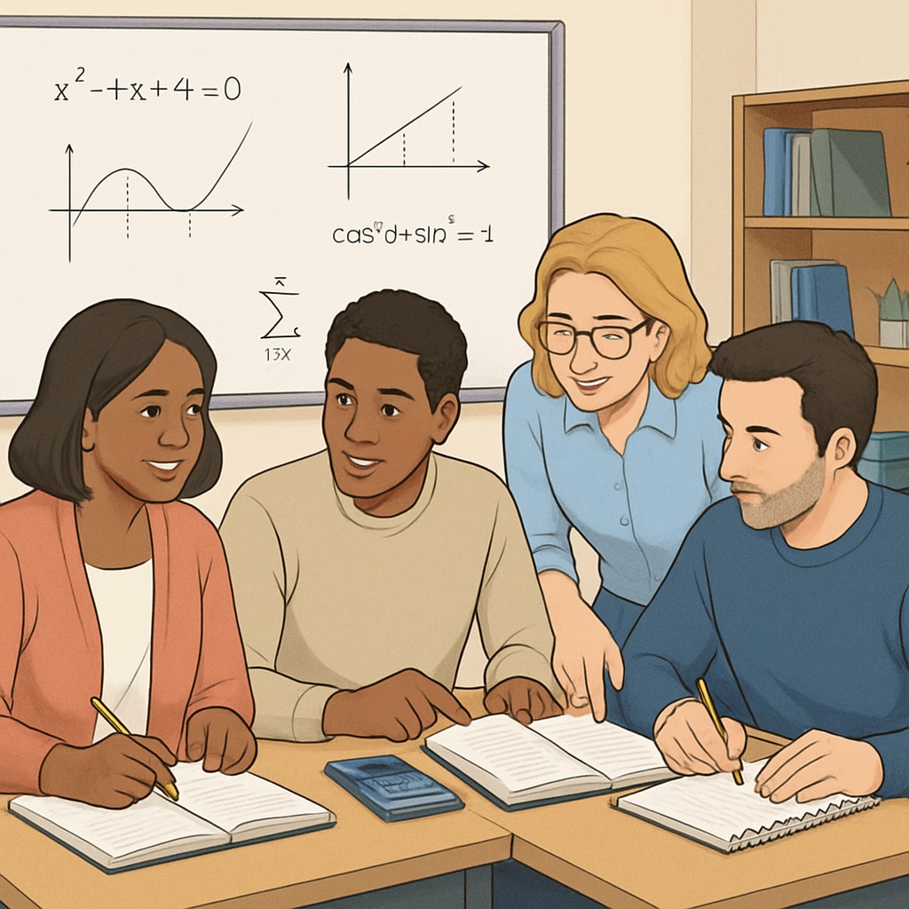 Adult learners collaborating on math review in a classroom.