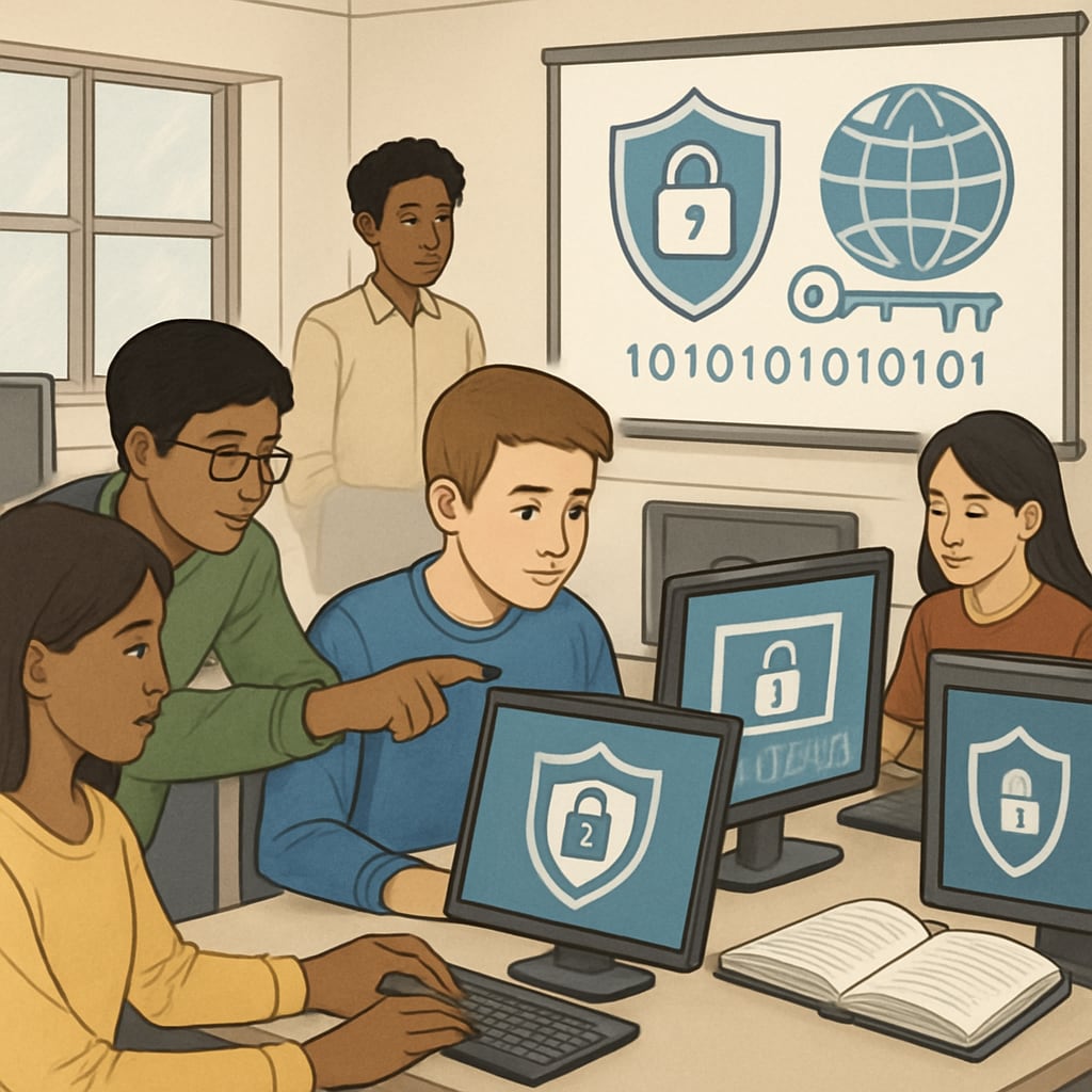 Cybersecurity students in a classroom discussing strategies with computers.