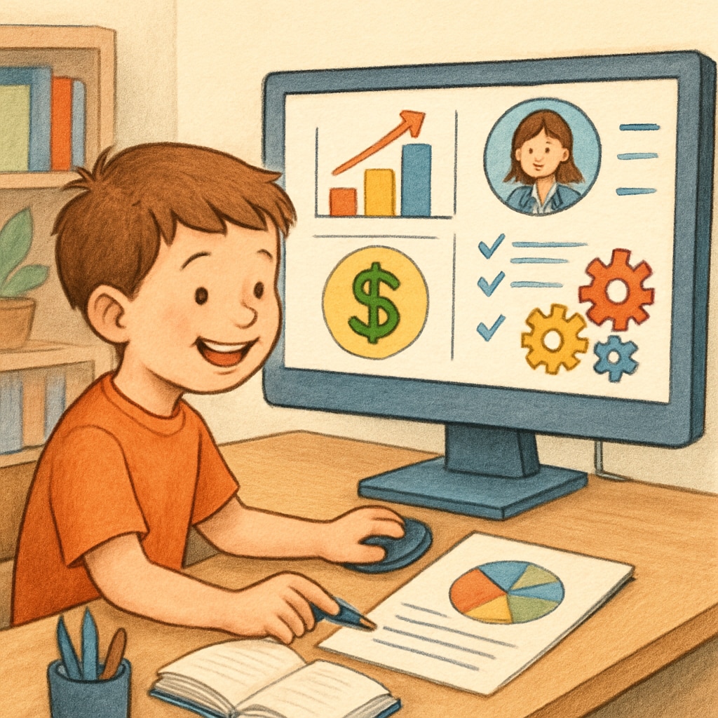 A child learning through a free business education program for kids aged 8-14.