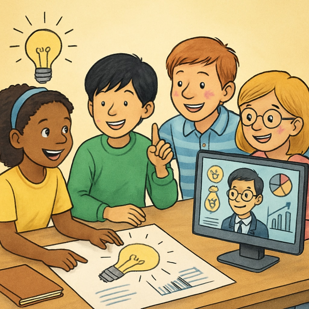 Kids working on a business project as part of a free entrepreneurship basics course.