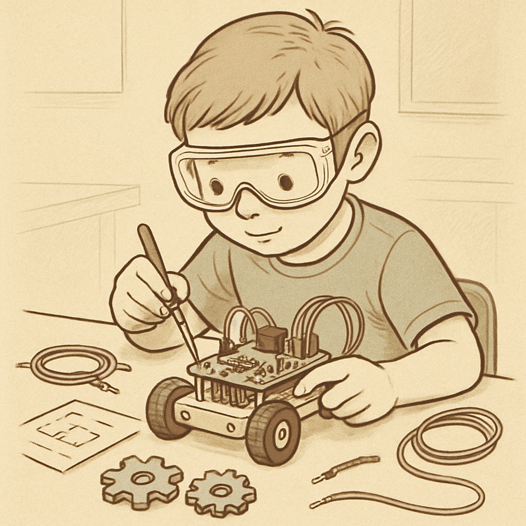 Hands-on early education with a child exploring robotics.