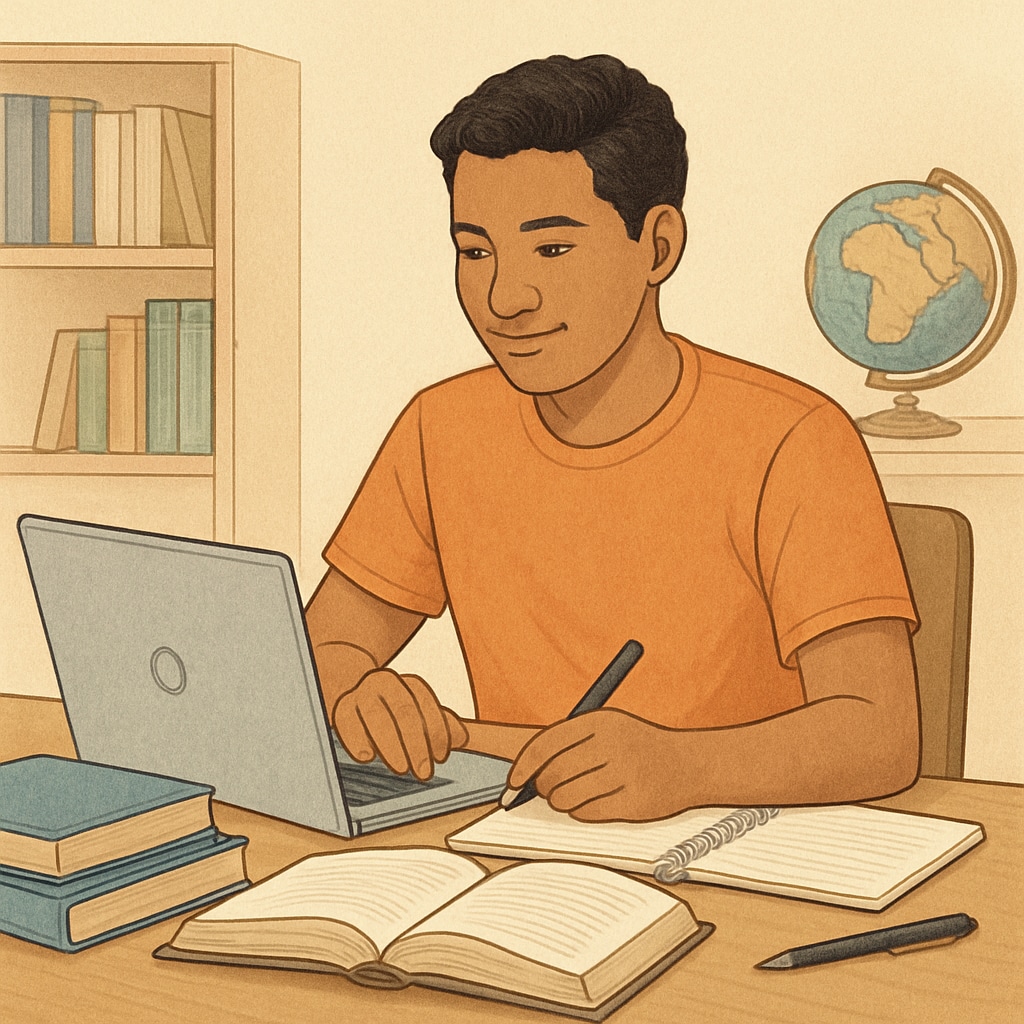 Affordable online education for Latin American students, featuring a young adult with a laptop.