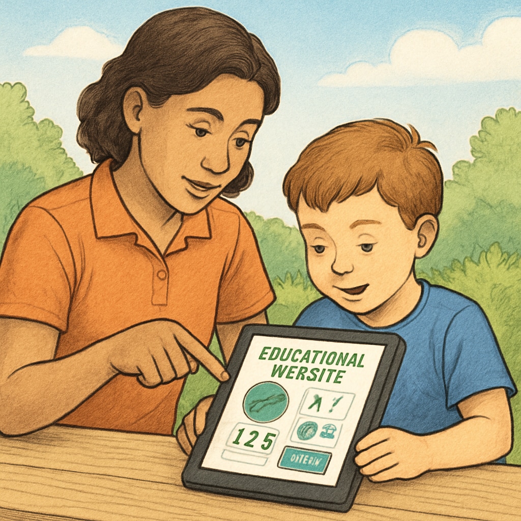 Parent assisting child with free educational websites for summer learning.
