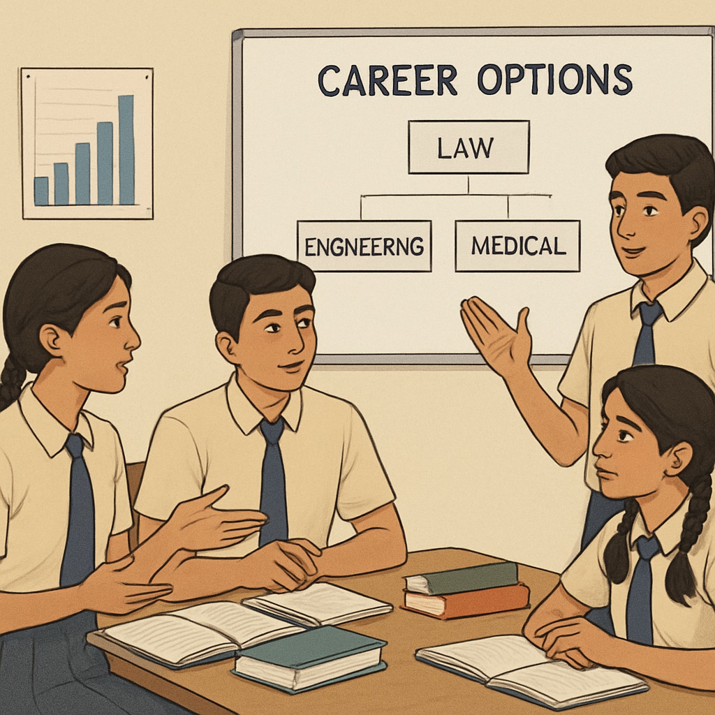 Indian students discussing education and career choices in a classroom setting.