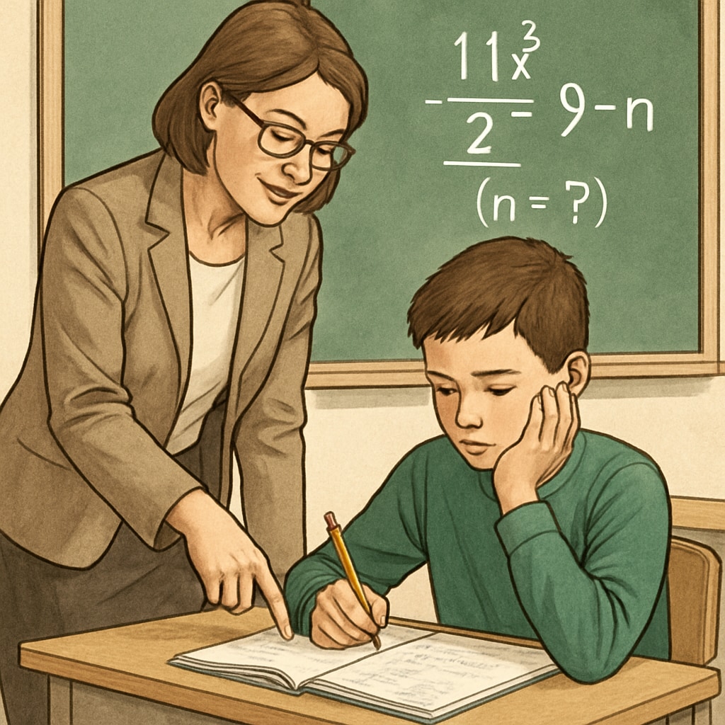 Teacher guiding a gifted elementary student through advanced math problems.