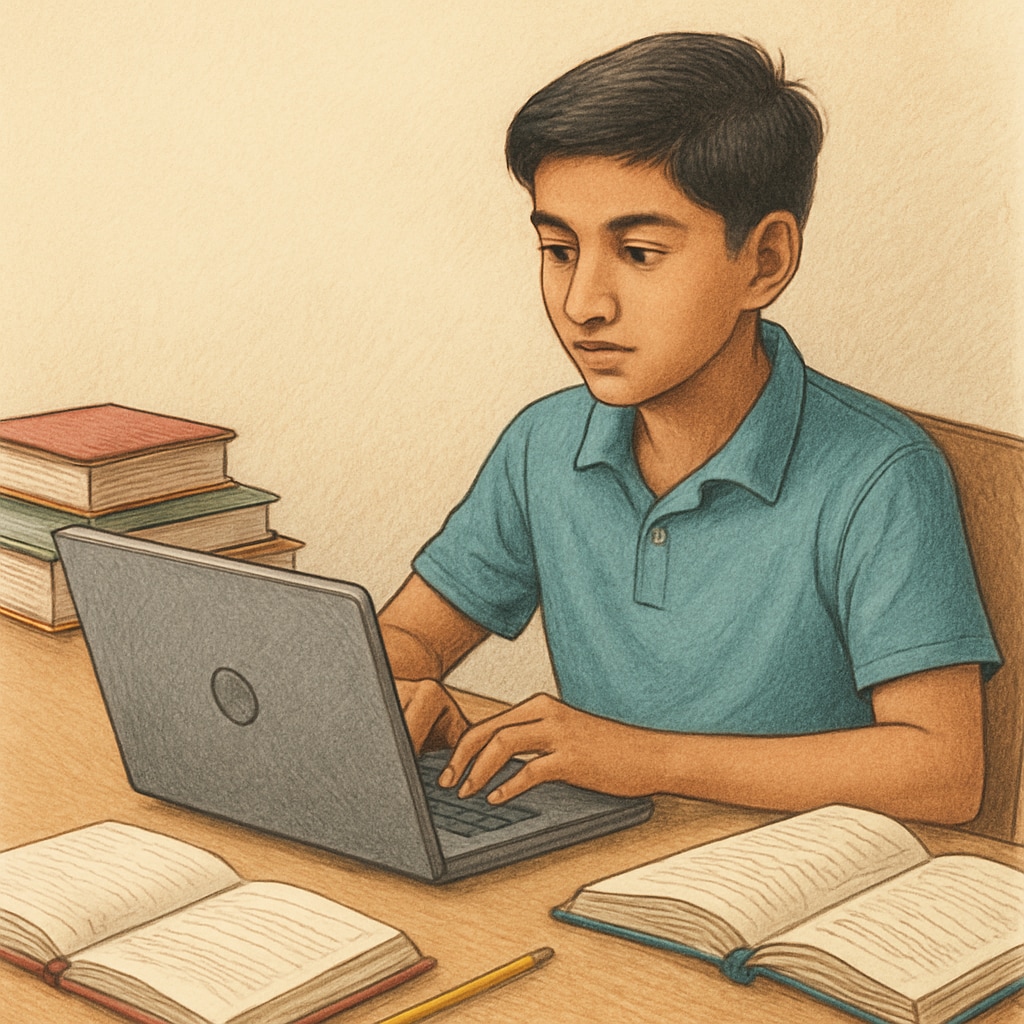Indian teenager researching career options on a laptop.