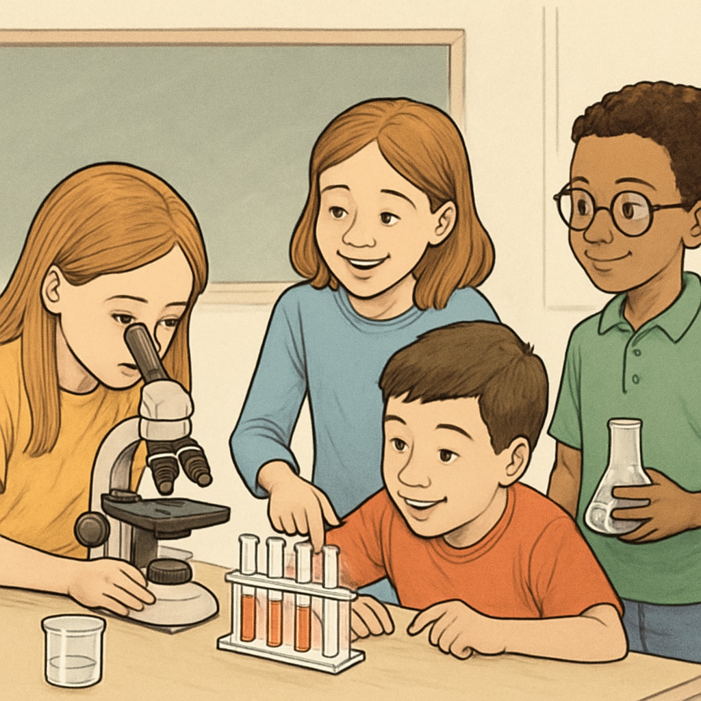 Elementary students performing a science experiment in a collaborative setting.