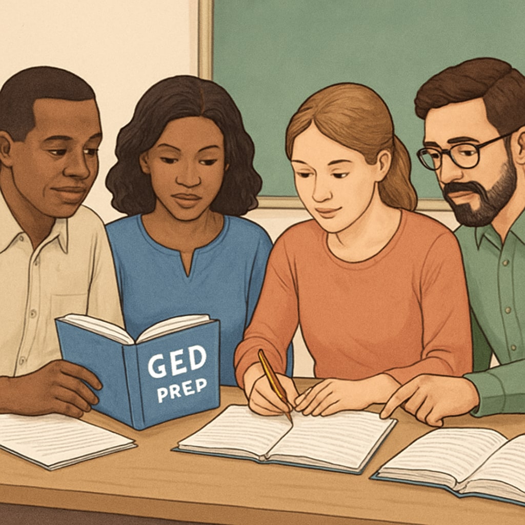 Adult learners preparing for GED exams to pursue college admission.
