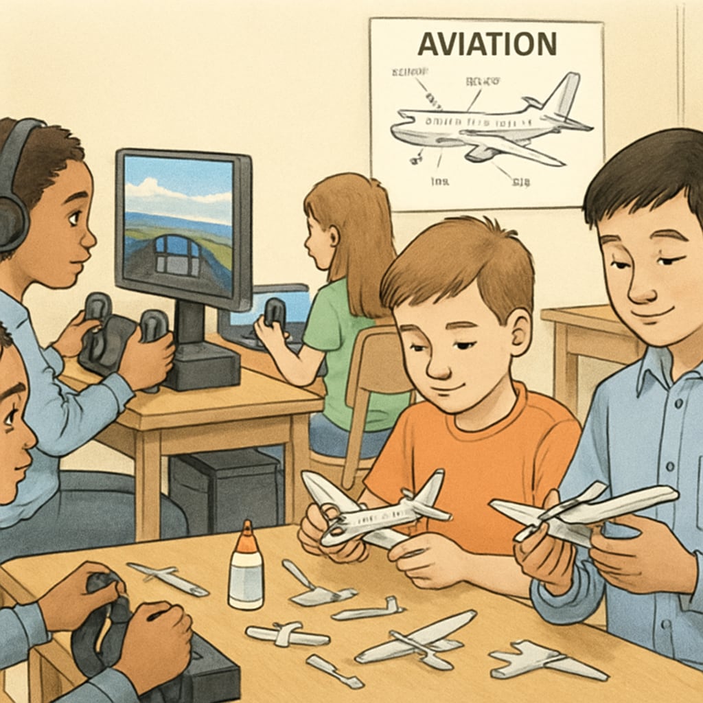 Students engaging in flight simulation and model aircraft activities during an aviation workshop.