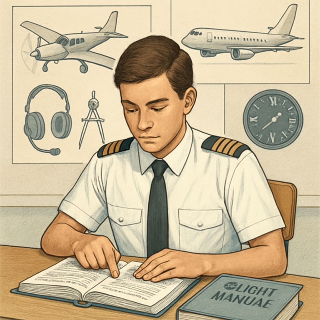 Aspiring pilot studying flight manuals with aircraft in the background during training.