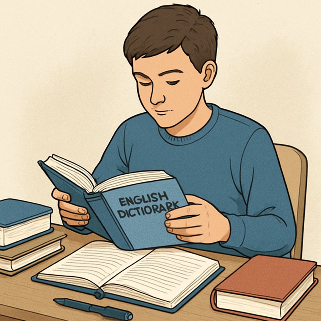 A student using a dictionary to adapt to an all-English education environment.