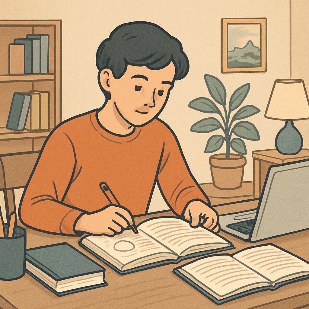 Adult learner studying foundational knowledge with educational materials.