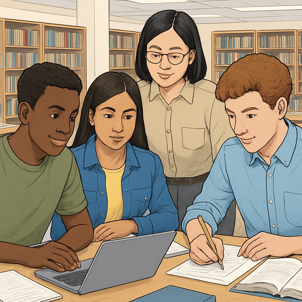International students working together in an English-medium education setting.