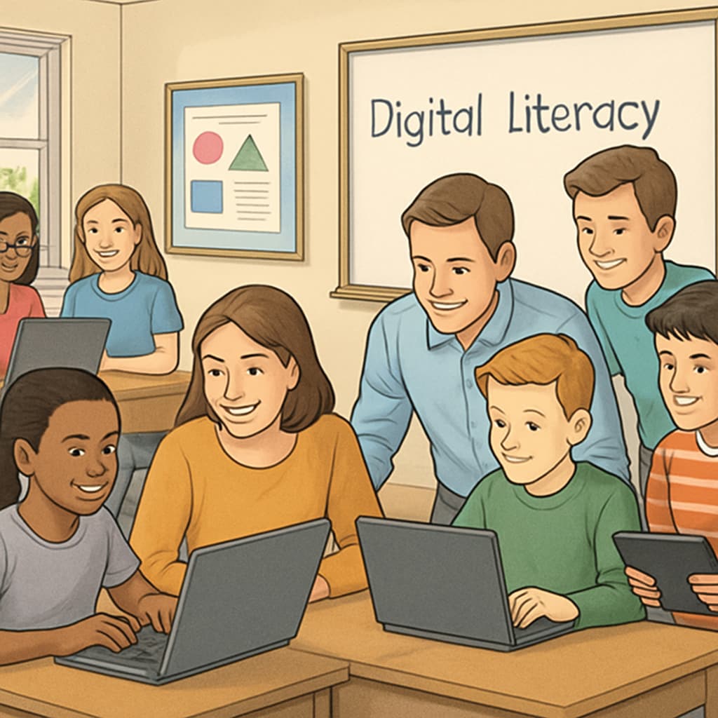 Students and teachers in a classroom setting learning about digital literacy.