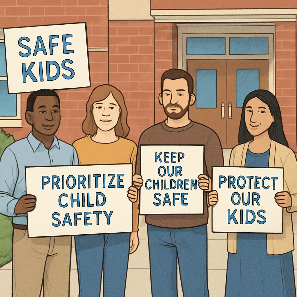 Concerned parents protesting for child safety in a school setting.