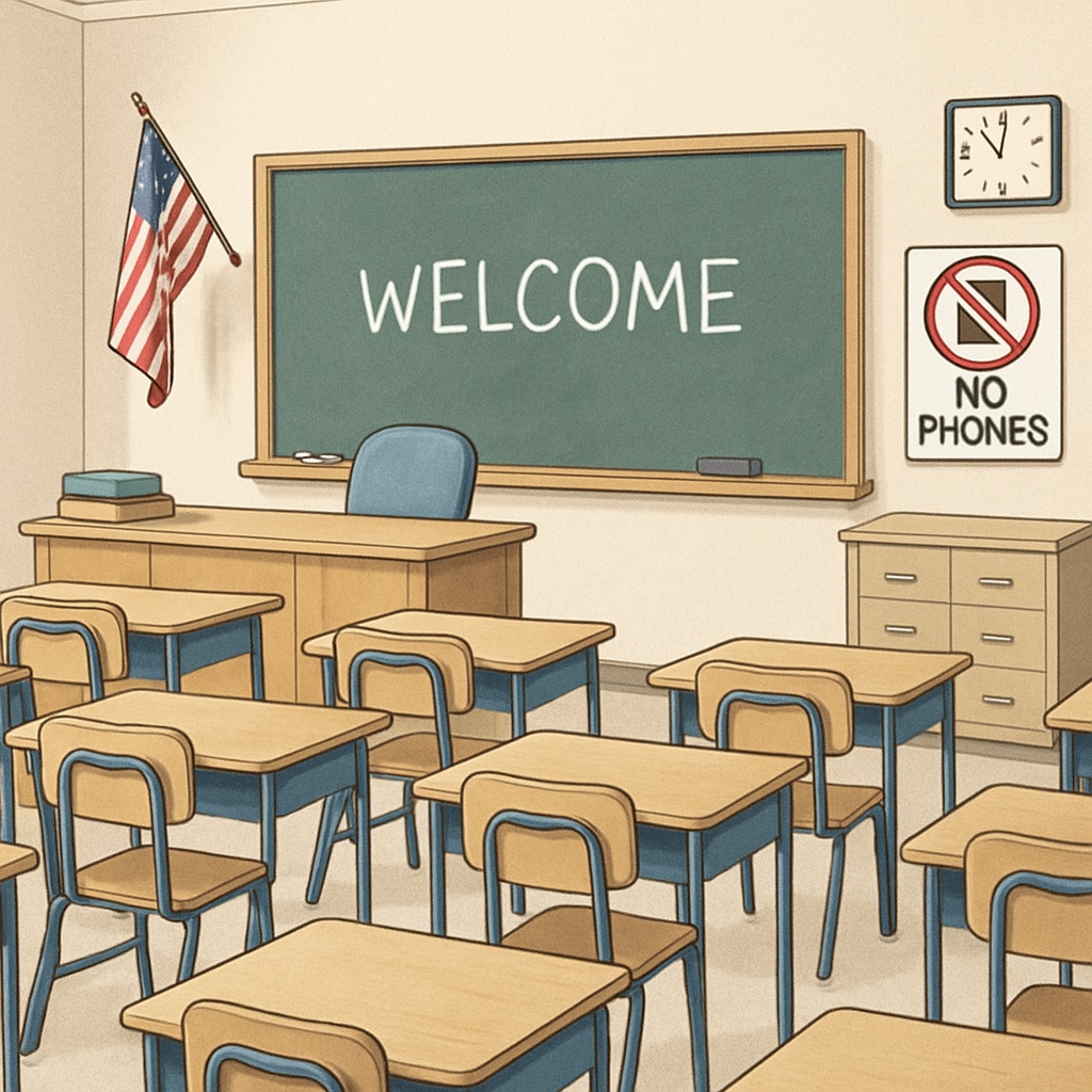 A classroom with a sign displaying 'No Phones' policy in a US public school.
