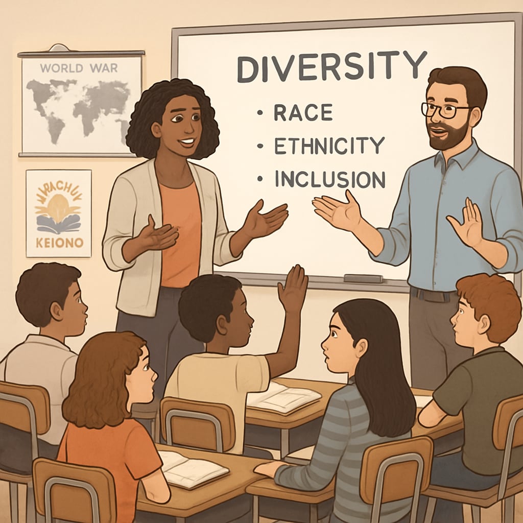 Teachers discussing diversity topics with students in a classroom setting.