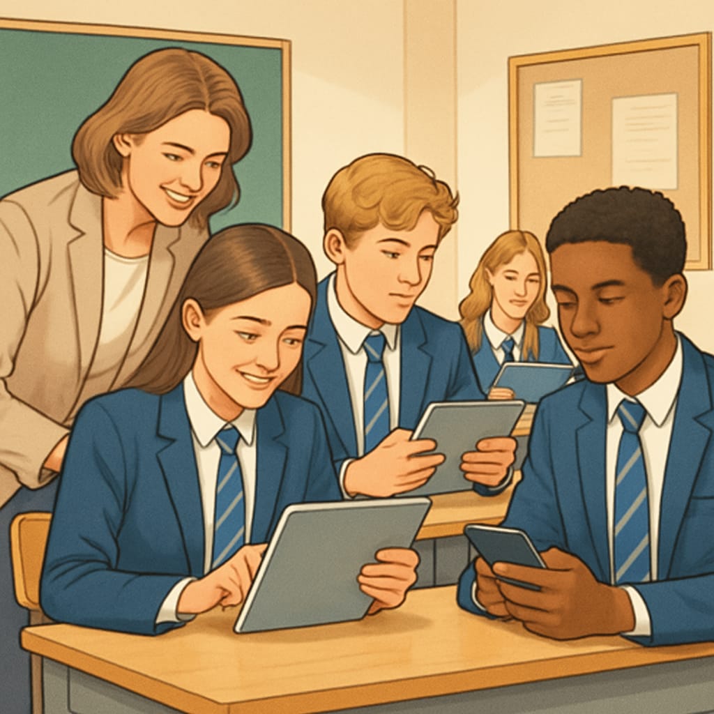 Students in a private school using phones and tablets for learning activities.