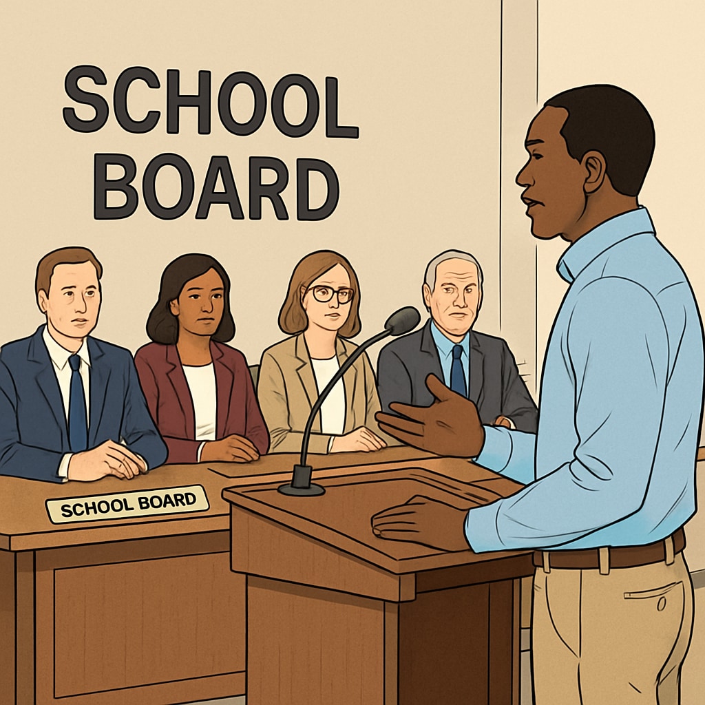 Community members addressing school board accountability at a meeting.