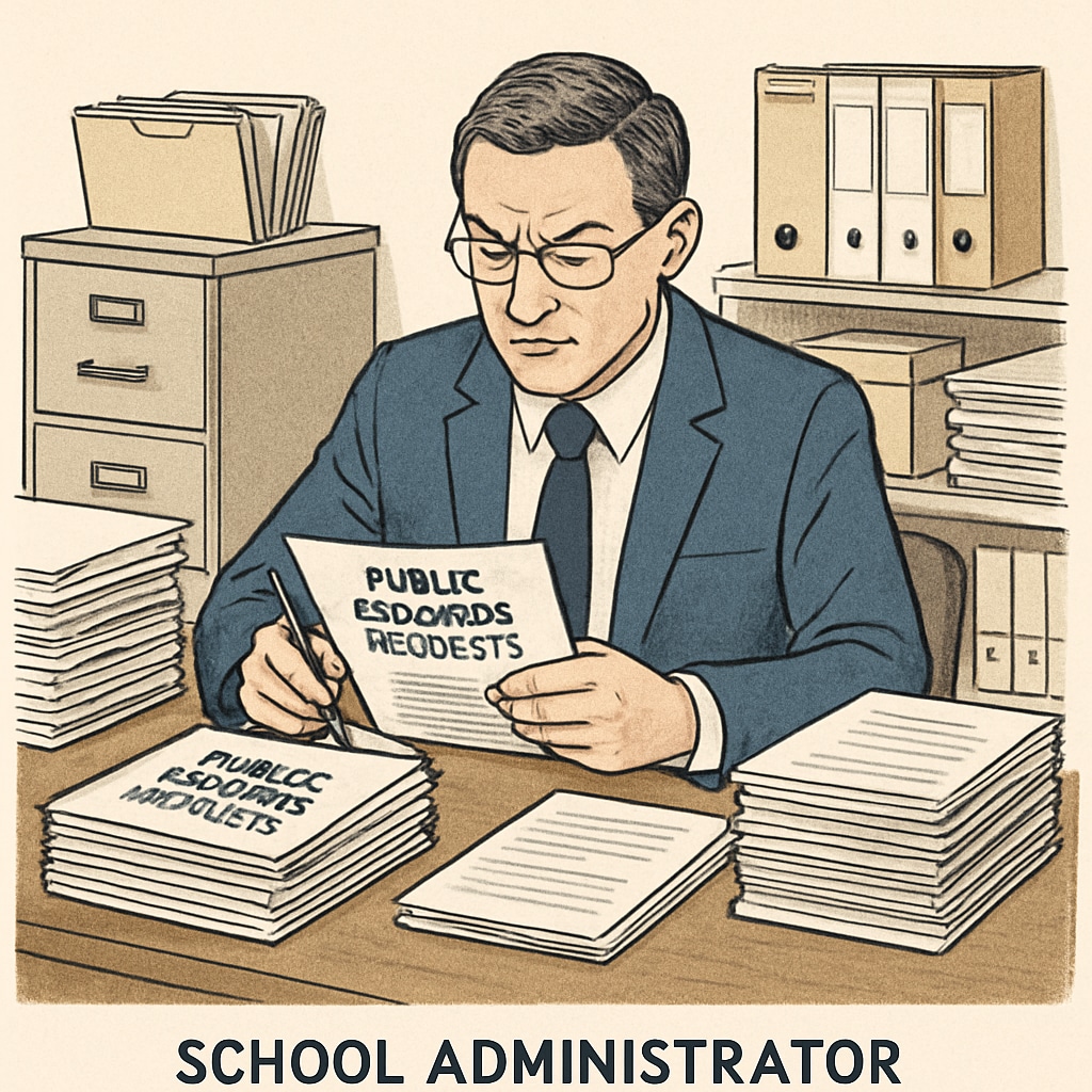 A school administrator going through public records requests at a desk.