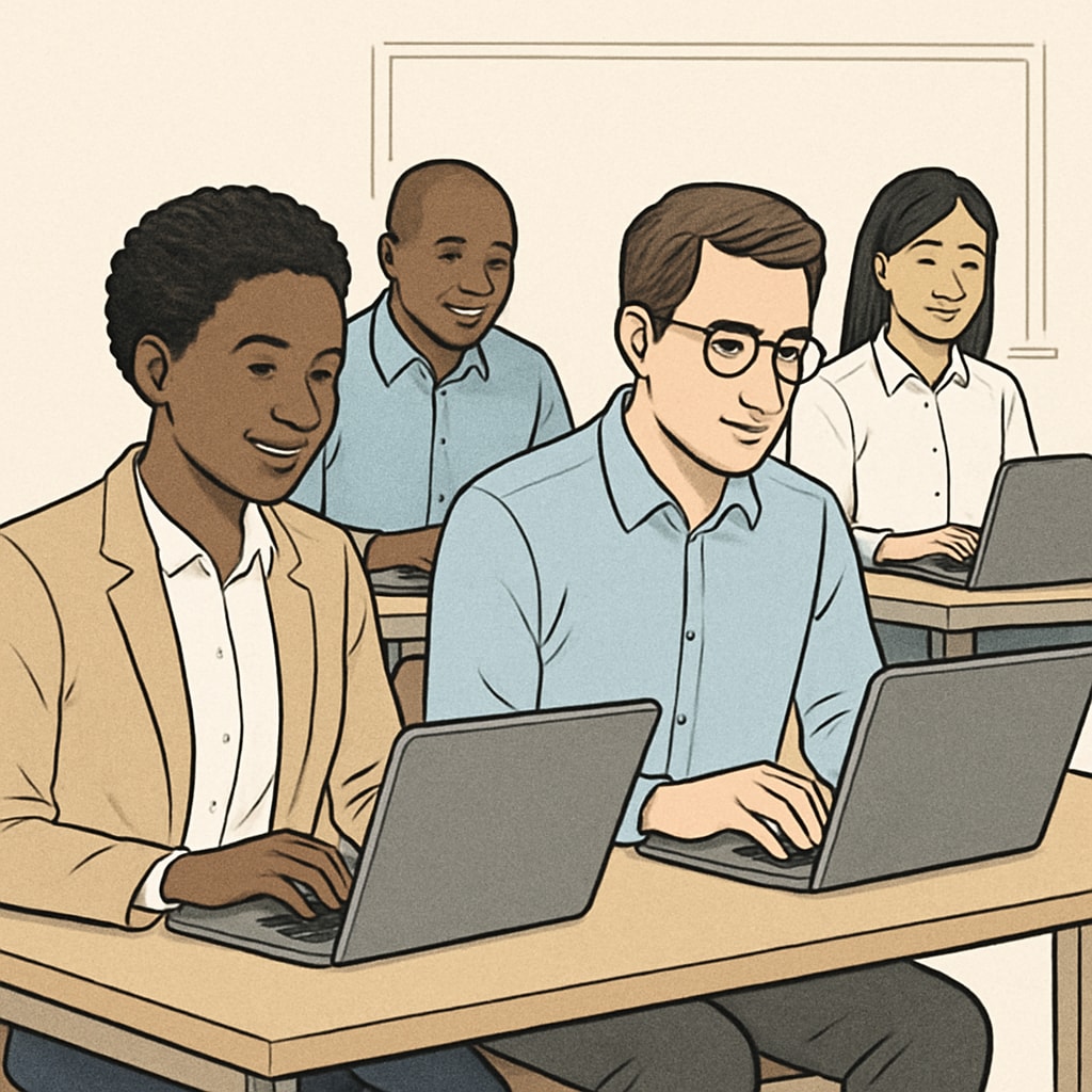 Professionals using laptops to access affordable online bachelor's degree programs in business and finance.
