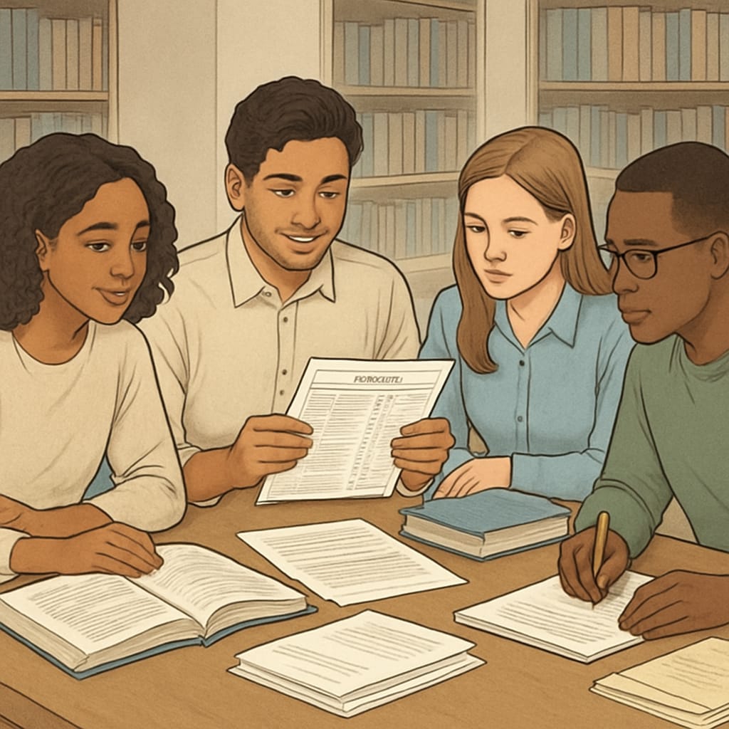 College students discussing GPA and P/NP grading at a library table.