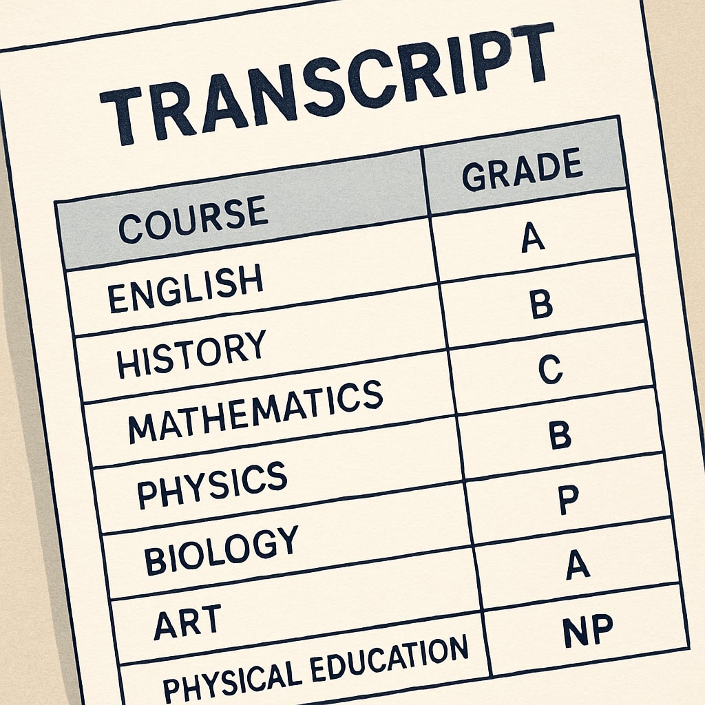 A college transcript displaying both letter grades and P/NP marks for academic evaluation.