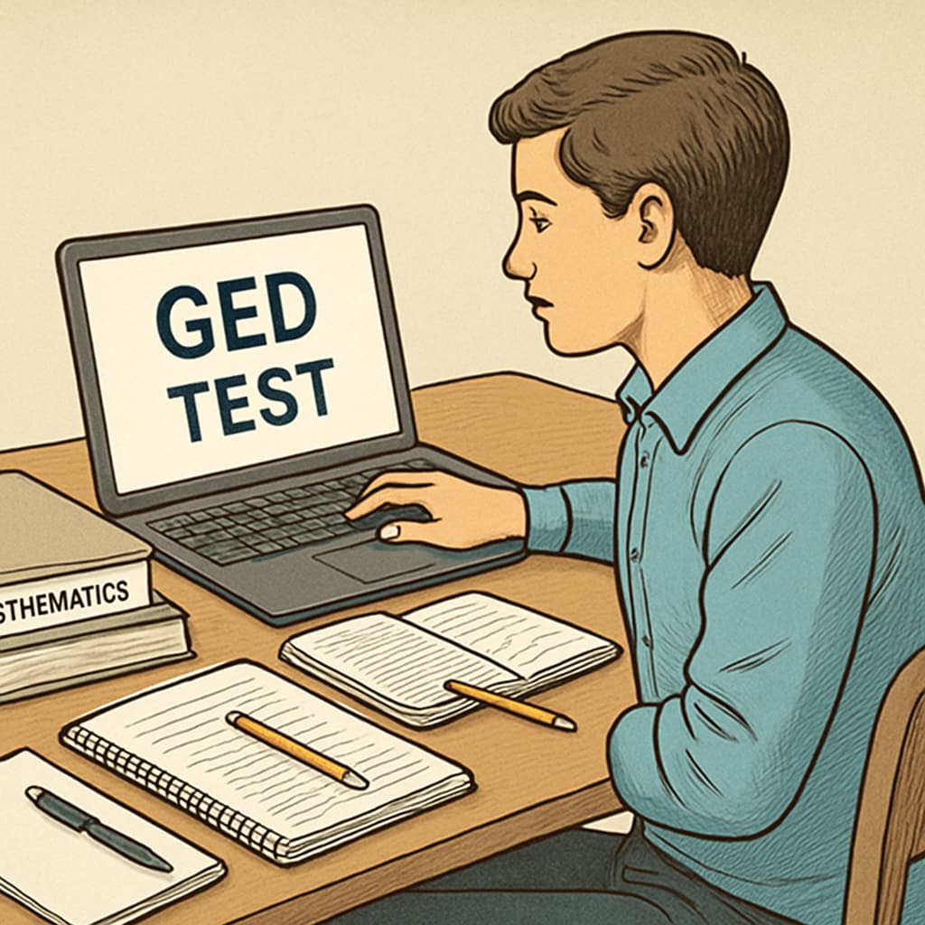 Student preparing for GED test using online resources.