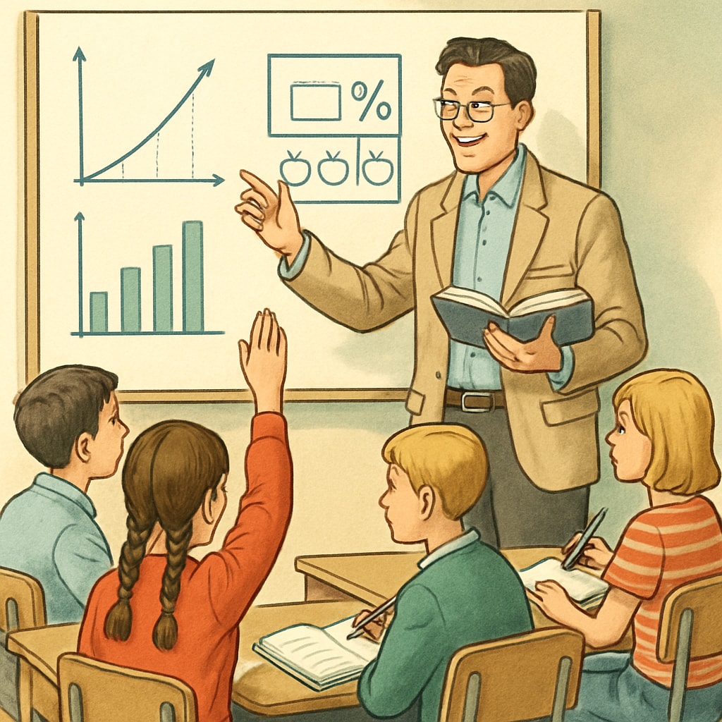 A teacher engaging with students in a math classroom, using visual aids like graphs or real-life examples to make math concepts relatable. Teacher using visual aids to connect math concepts to real-world applications.