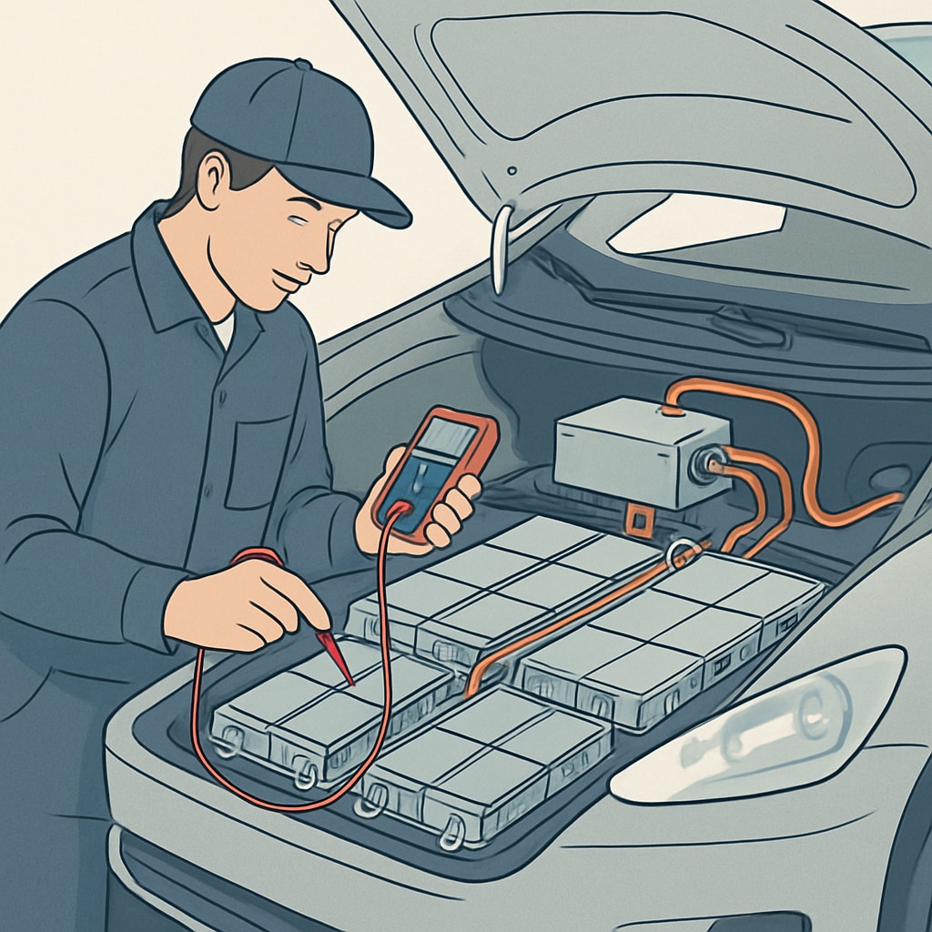 EV technician inspecting lithium-ion battery system