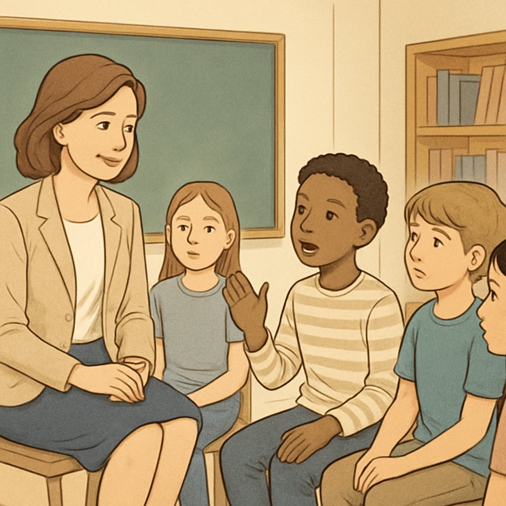 A teacher listening to students, fostering respect in education.