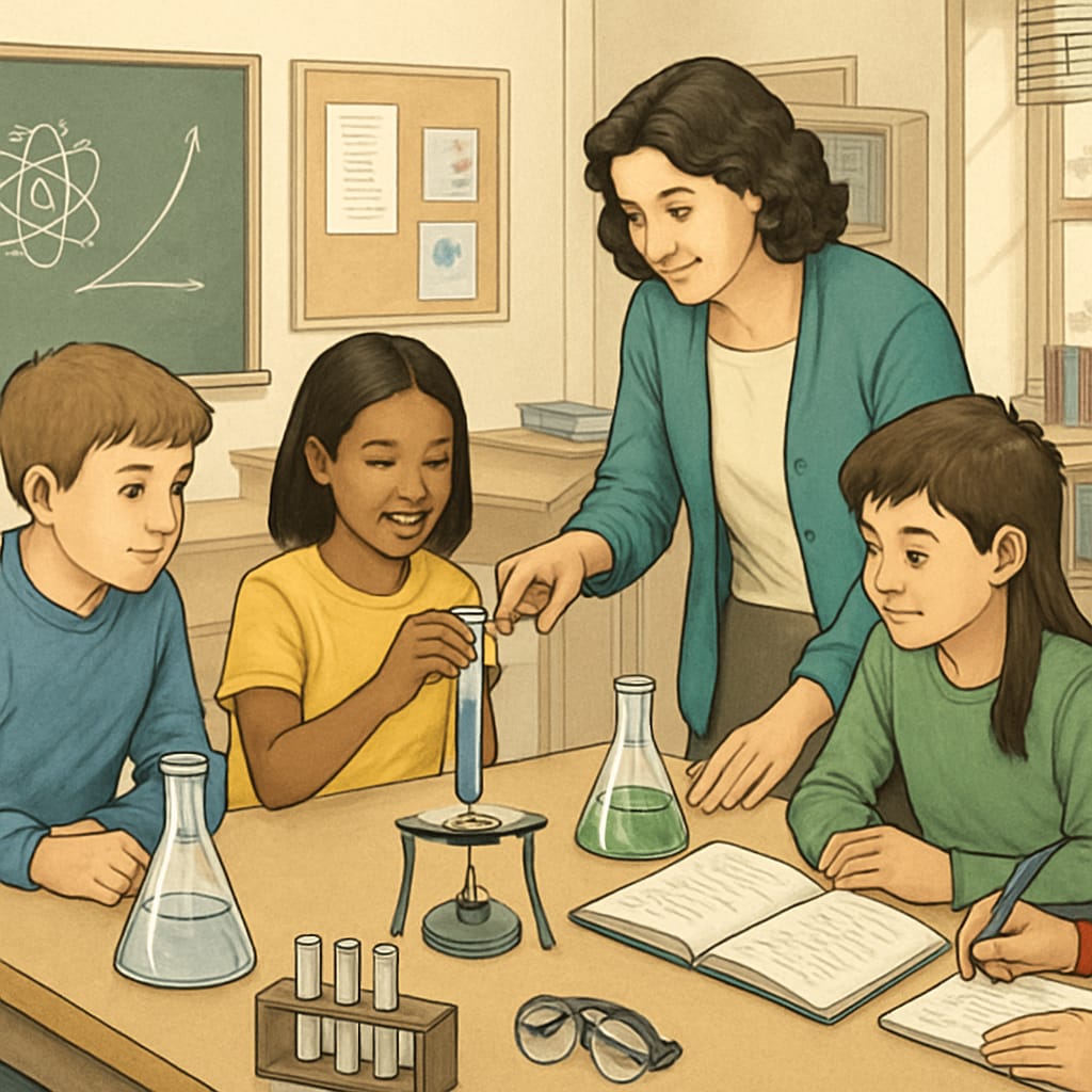 Middle school teacher conducting a hands-on science experiment with students.