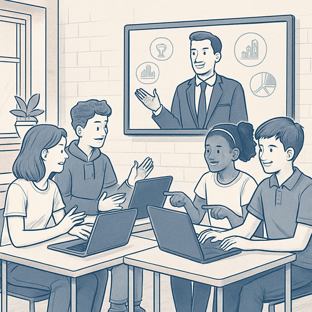 Young teens engaged in virtual business education program provided by a nonprofit organization.